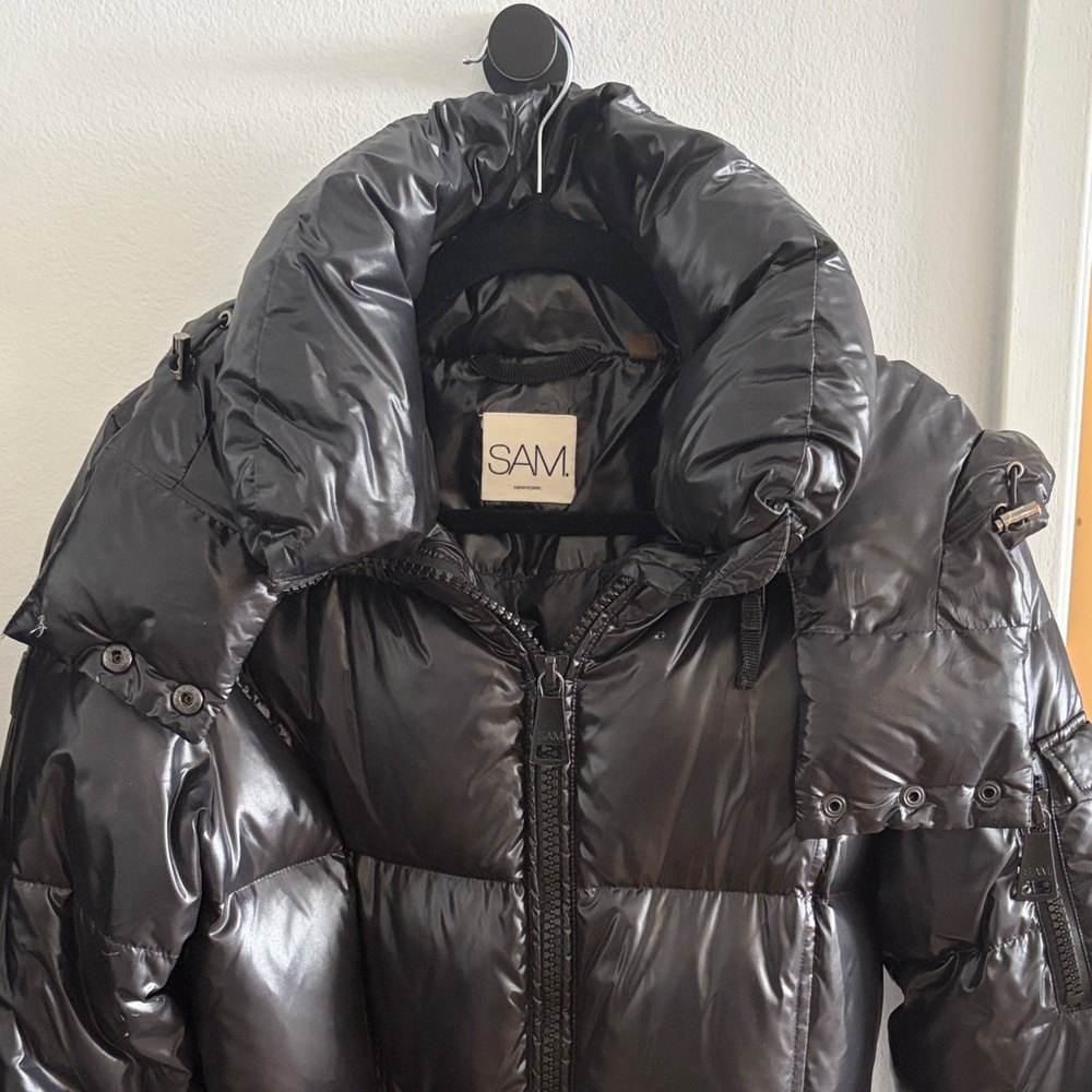 SAM. Shiny Black Belted Puffer Coat
